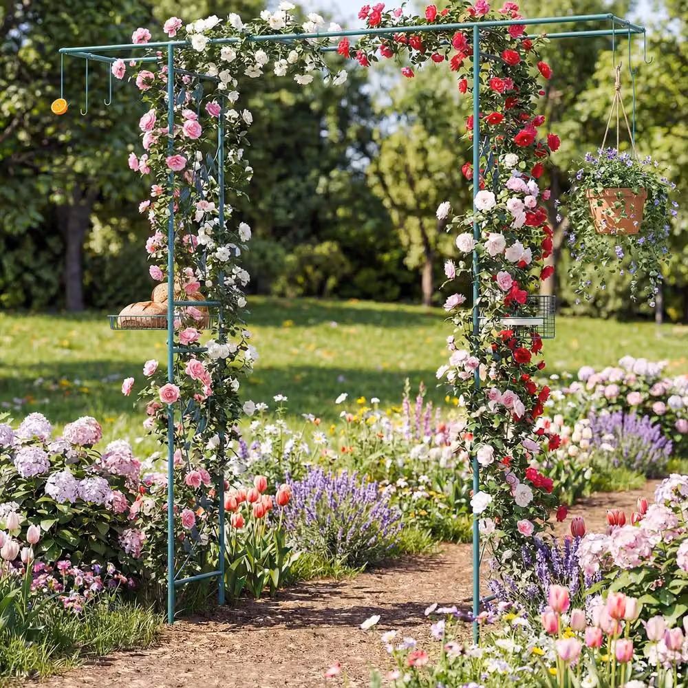 Costway Green Garden Arbor Feeding Station with Heavy-duty Metal Arch Trellis and Mesh Tray – 3