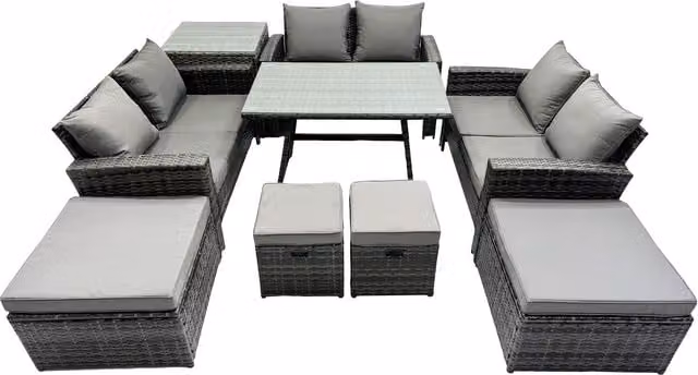 Fimous 10-Seater PE Rattan Outdoor Dining Set with Rectangular Tempered Glass Table in Dark Grey Mixed