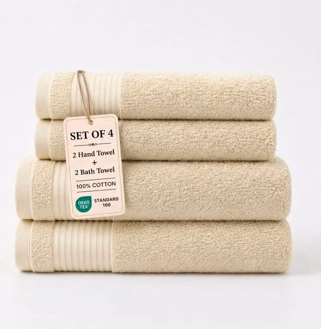 Grace Premium Set of 4 Fluffy Cotton Bath and Hand Towels, 500 GSM, Beige