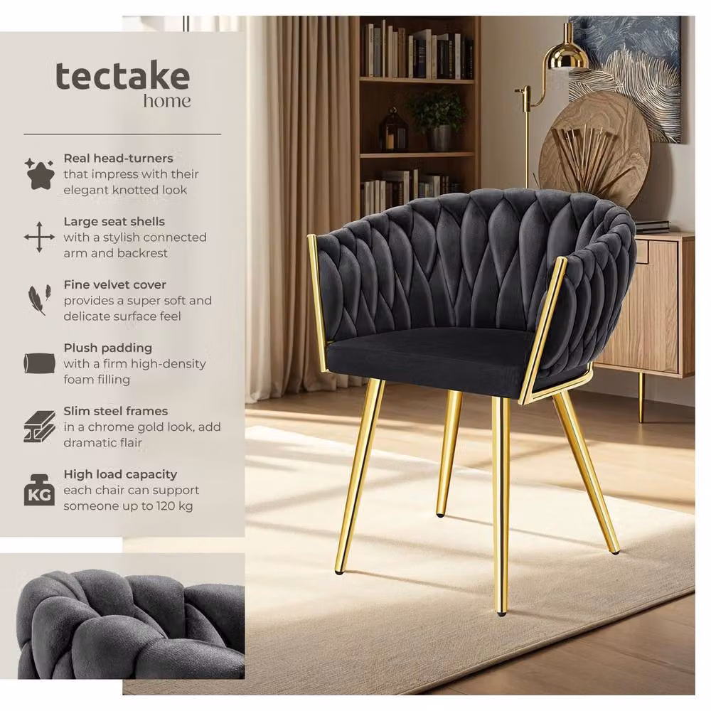 tectake Astano Dining Chair Set of 6, Black Velvet with Metal Frame – 2