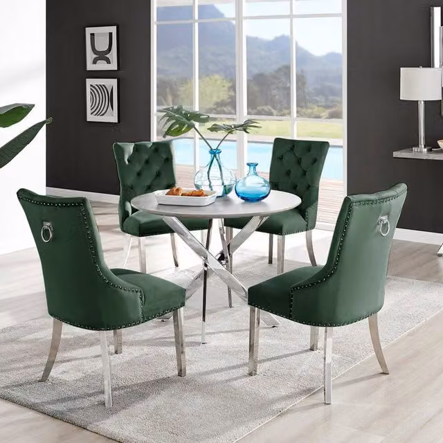 FurnitureboxUK Novara Grey Concrete Effect Round Dining Table and 4 Belgravia Green Chairs