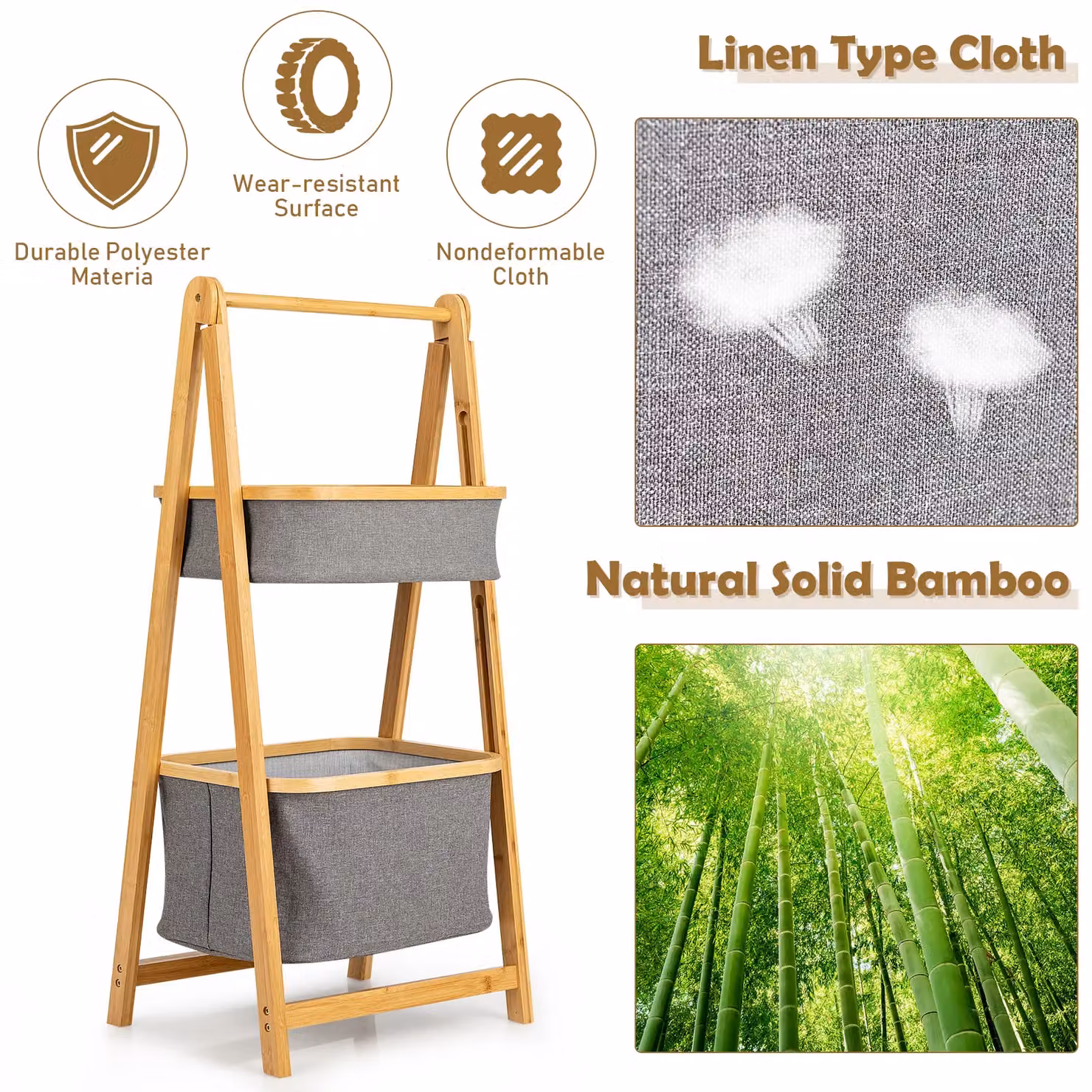 Costway 2-tier Bamboo Laundry Hamper Shelf and Toy Organiser with A-shaped Frame and Linen Compartments in Beige or Grey – 3