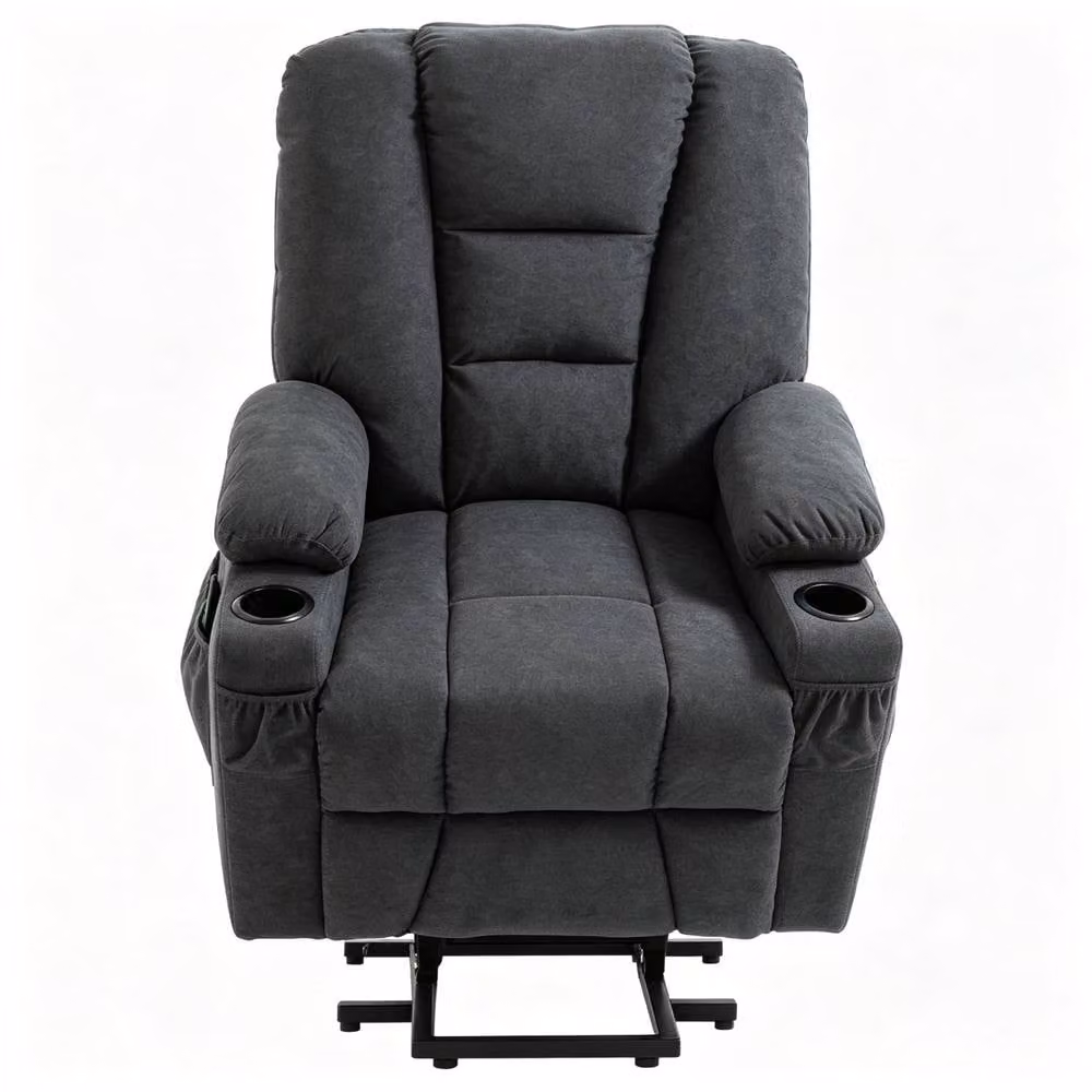 STILVORA Grey Fabric Riser Recliner Armchair with Footrest, Cup Holders and Powered Lift Assist – 3