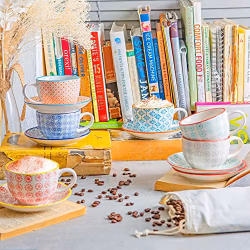 Nicola Spring 12 Piece Hand-Printed Floral Orange Stoneware Cappuccino Cup and Saucer Set, 250ml – 2