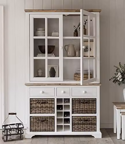 White Kitchen Display Cabinet with Wine Rack and Glass Doors, W: 120 cm, H: 200 cm, D: 42 cm