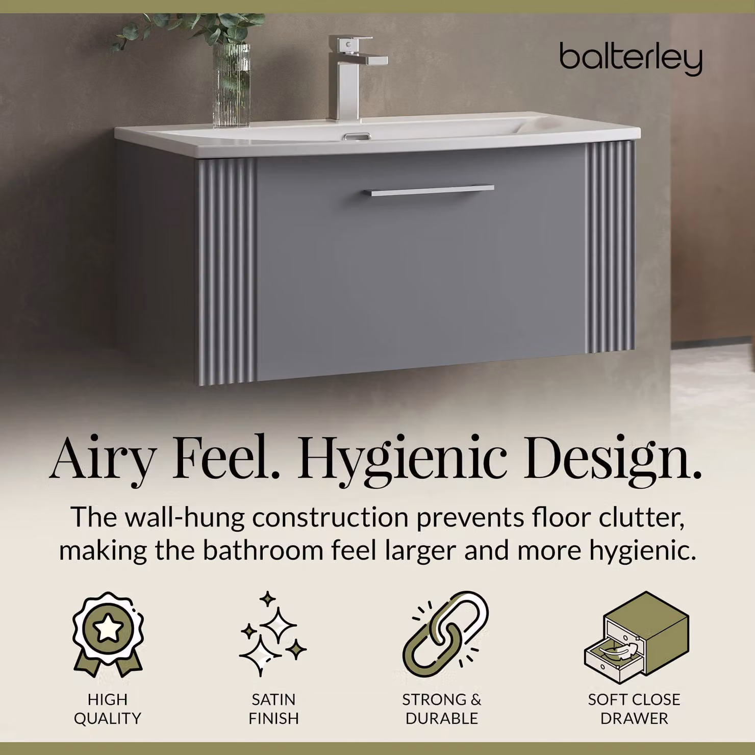 Balterley Wall Hung 1 Drawer Vanity Unit with Curved Basin, Satin Grey, Width: 80 cm – 2
