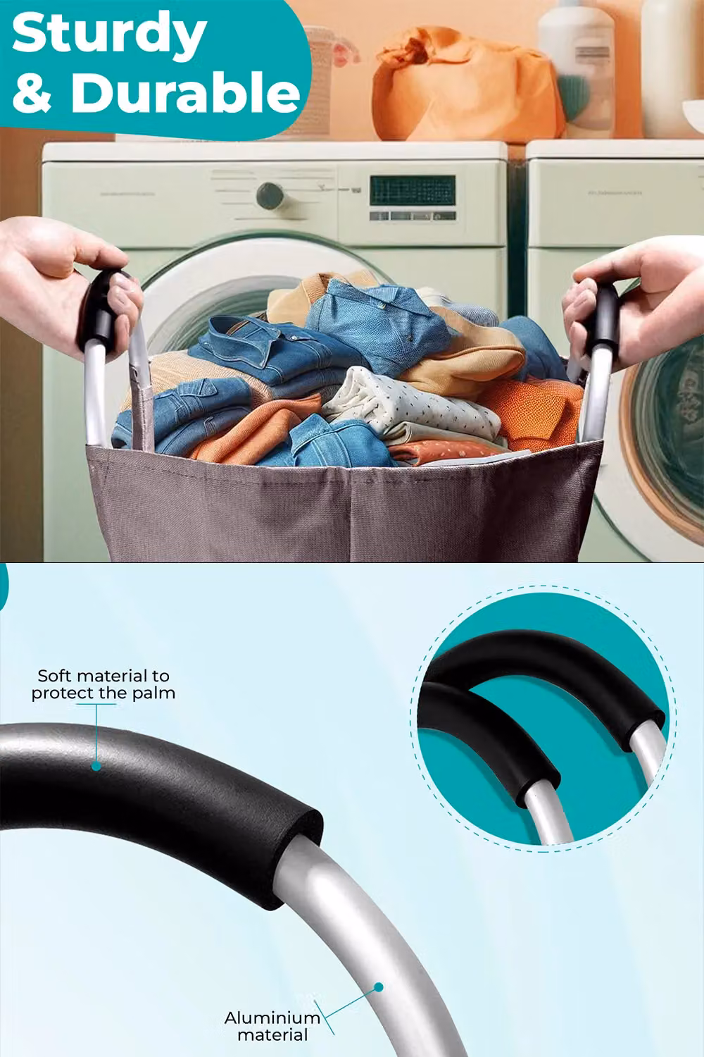 Neel Blue 40L Collapsible Laundry Basket with Padded Handles in Grey – 4