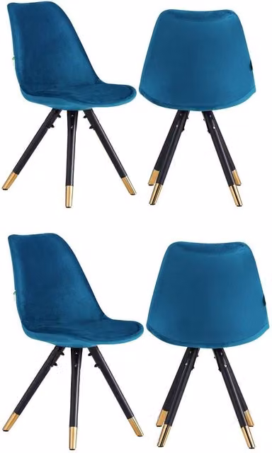 Life Interiors Set of 4 Sofia Modern Ergonomic Dining Chairs Upholstered in Blue Velvet with Metal Legs and Gold End Caps – 2