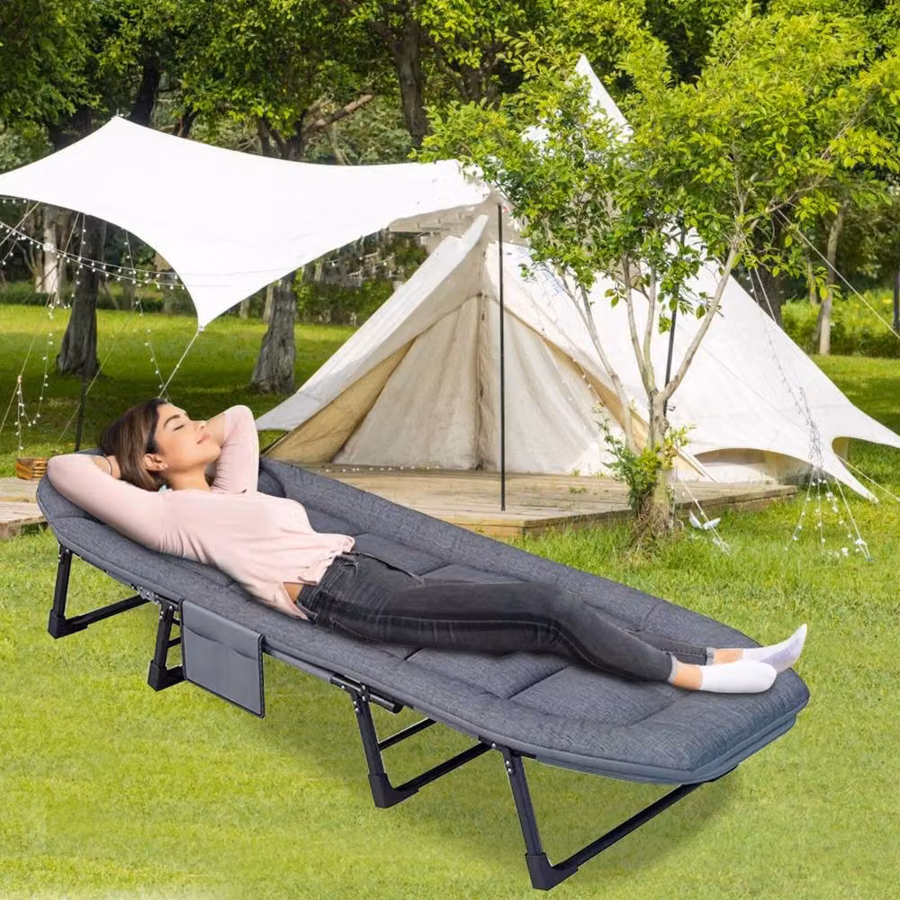 FLAVORA Grey Folding Sun Lounger Recliner Single Camping Bed W/D/H: 180 x 60 x 30 cm – 6