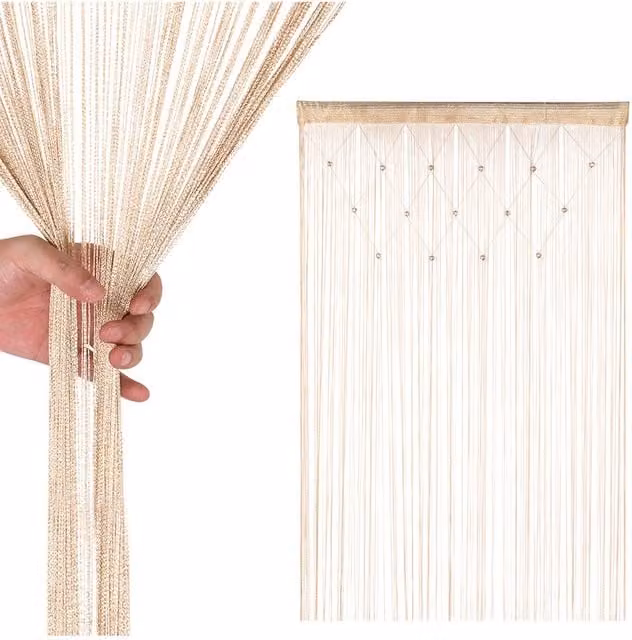 Neel Blue Beaded String Curtain Panel in Gold and Light Bronze, Width: 100 cm, Height: 200 cm