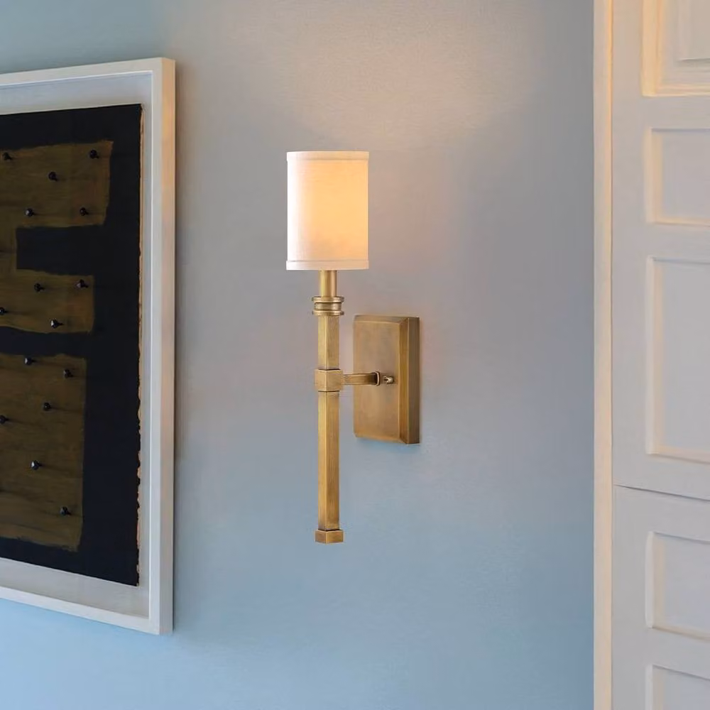 Netlighting Moore Candle Wall Lamp in Gold Brass with Ivory Fabric Shade, E14 – 2
