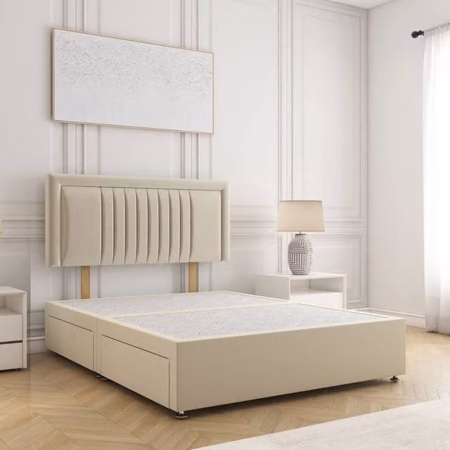 BSSPOKE Canes Plush Velvet Divan Bed with 24 inch Headboard and 2 Drawers in Beige, Super King, W/D/H: 200 x 200 cm