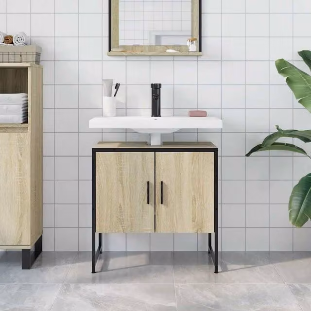 Berkfield Home Sturdy Bathroom Sink Cabinet in Sonoma Oak and Beige, W/D/H: 60 x 33 x 60 cm