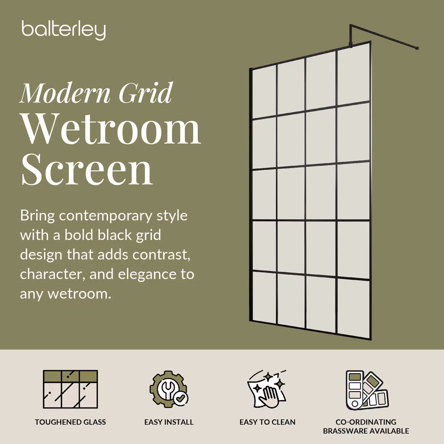 Balterley 8mm Safety Glass Wetroom Screen with Black Frame, W: 100 cm, H: 195 cm – 2