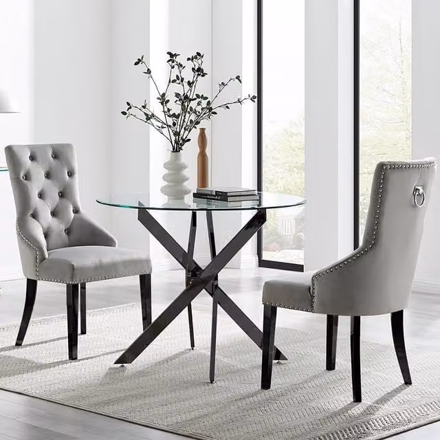 FurnitureboxUK Novara Round Glass Dining Table and 2 Belgravia Grey Velvet Chairs with Black Legs, Diameter: 100 cm
