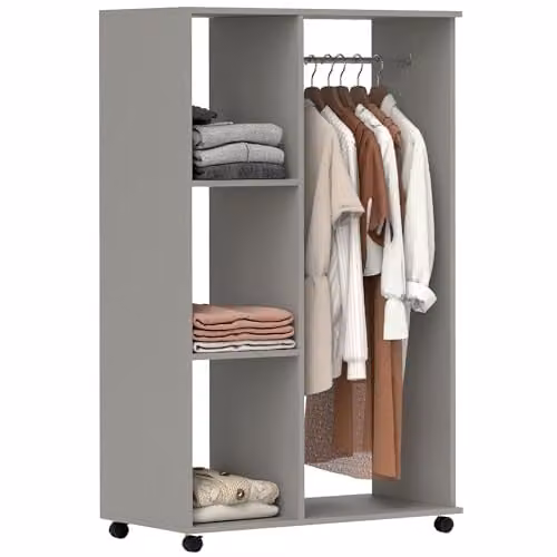 HOMCOM Rolling Open Wardrobe with Clothes Rail and Storage Shelves, Grey, W: 80 cm, D: 40 cm, H: 128 cm – 1