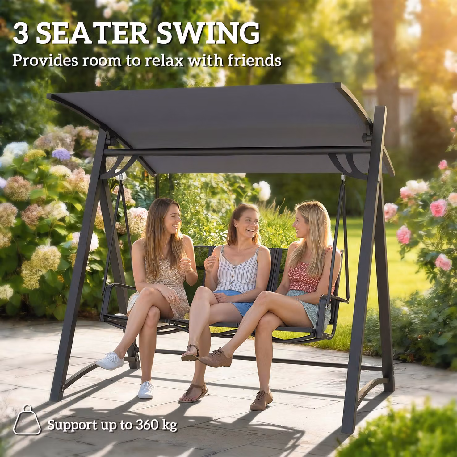 Outsunny 3 Seater Garden Swing Bench with Adjustable Sun Canopy in Grey – 4