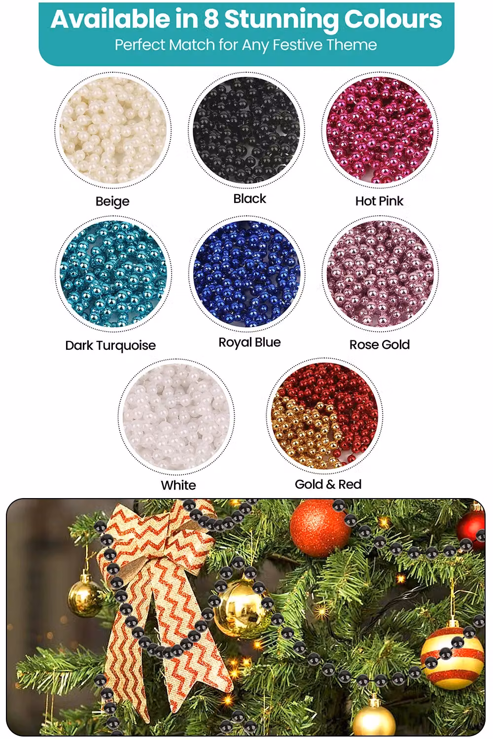 Neel Blue 9m Metallic Christmas Bead Chain, 7.5mm Shiny Pearl Garland in Blue and Black – 4