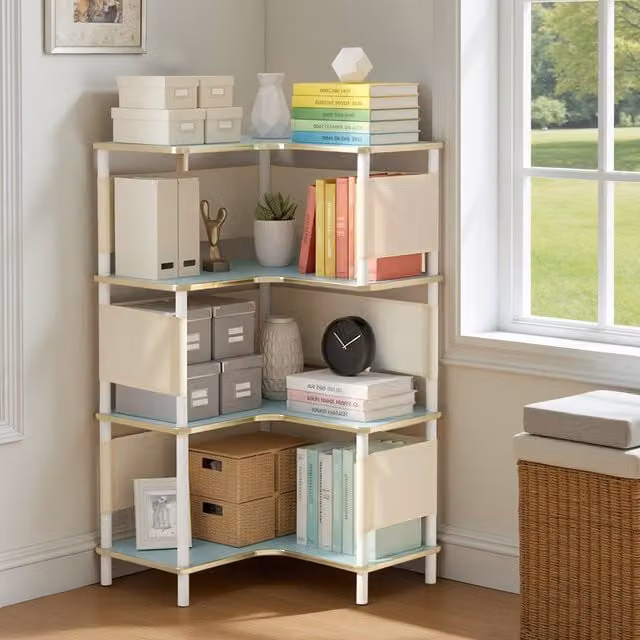 Livingandhome Minimalist L-shaped Corner Bookshelf in Blue, White and Gold, Height: 88.2 cm