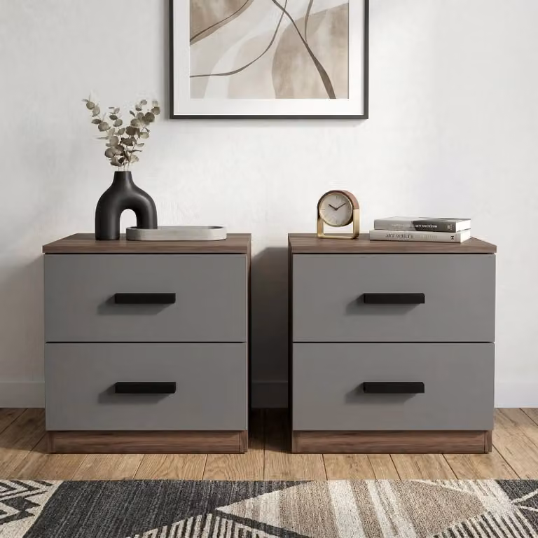 DHS Blythe Mid-Century Walnut and Grey Bedside Table Pair with 2 Drawers
