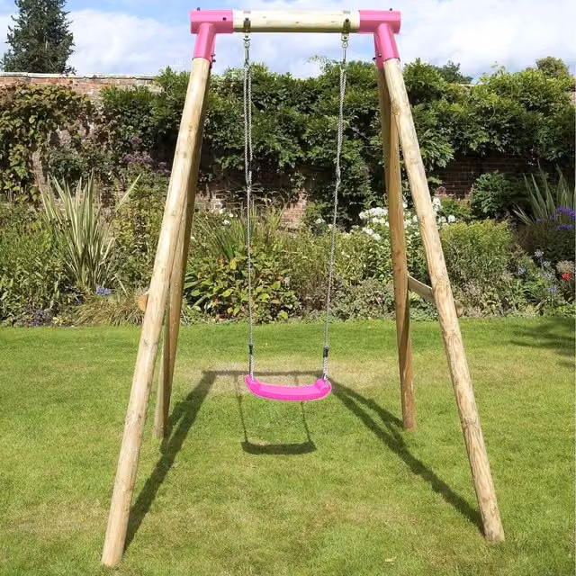 Rebo Wooden Single Swing Set with Standard Seat in Pink