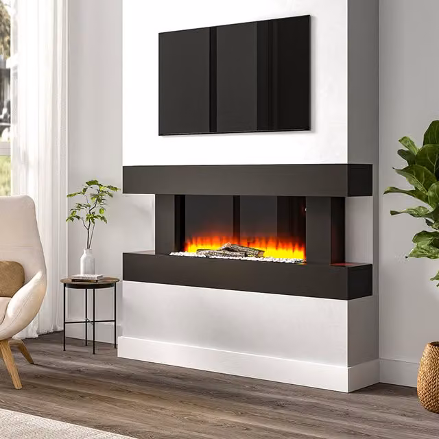 Livingandhome Wooden Frosted H-Frame Electric Fireplace in Black with WiFi and App Control