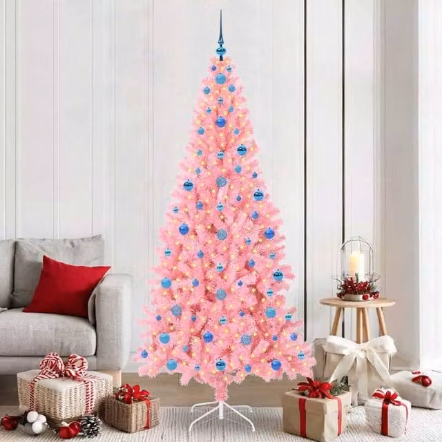 Berkfield Home Pink PVC Christmas Tree with 300 LEDs and Stand, Height: 210 cm