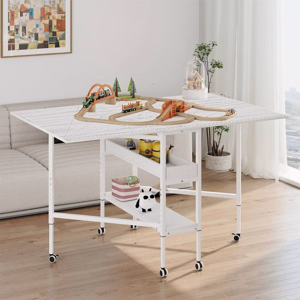 Levede Foldable White Sewing and Craft Table with Adjustable Height and Storage – 2