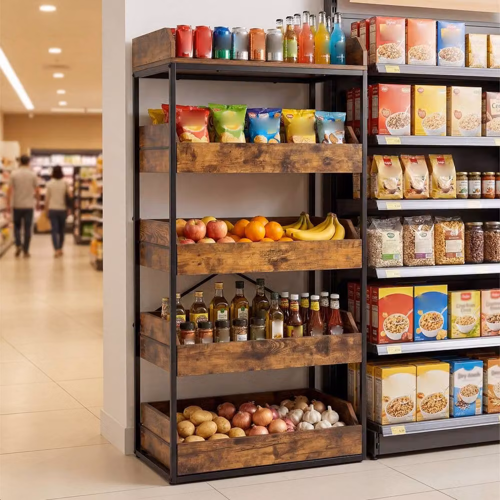 Costway 5-Tier Brown Metal Food Storage Rack and Retail Snack Display Shelf with 4 Drawers – 5