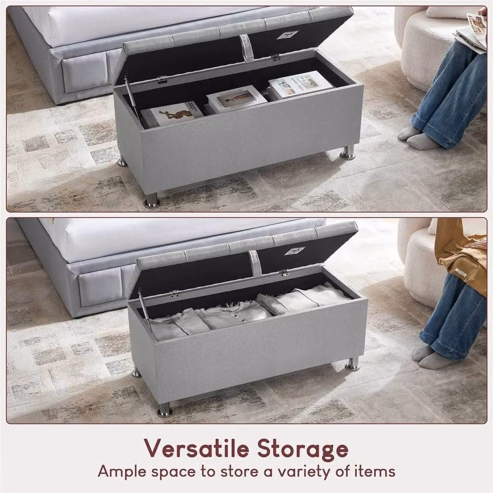 Kelvenix Grey Fabric Storage Ottoman Seat Stool Bench, W/D/H: 102 x 46 x 42 cm – 3