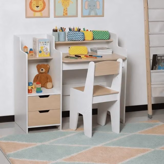 Home Source Kids Scribbly Study Set with 2 Drawer Desk, Matching Chair and Storage Shelves in White and Multicolour