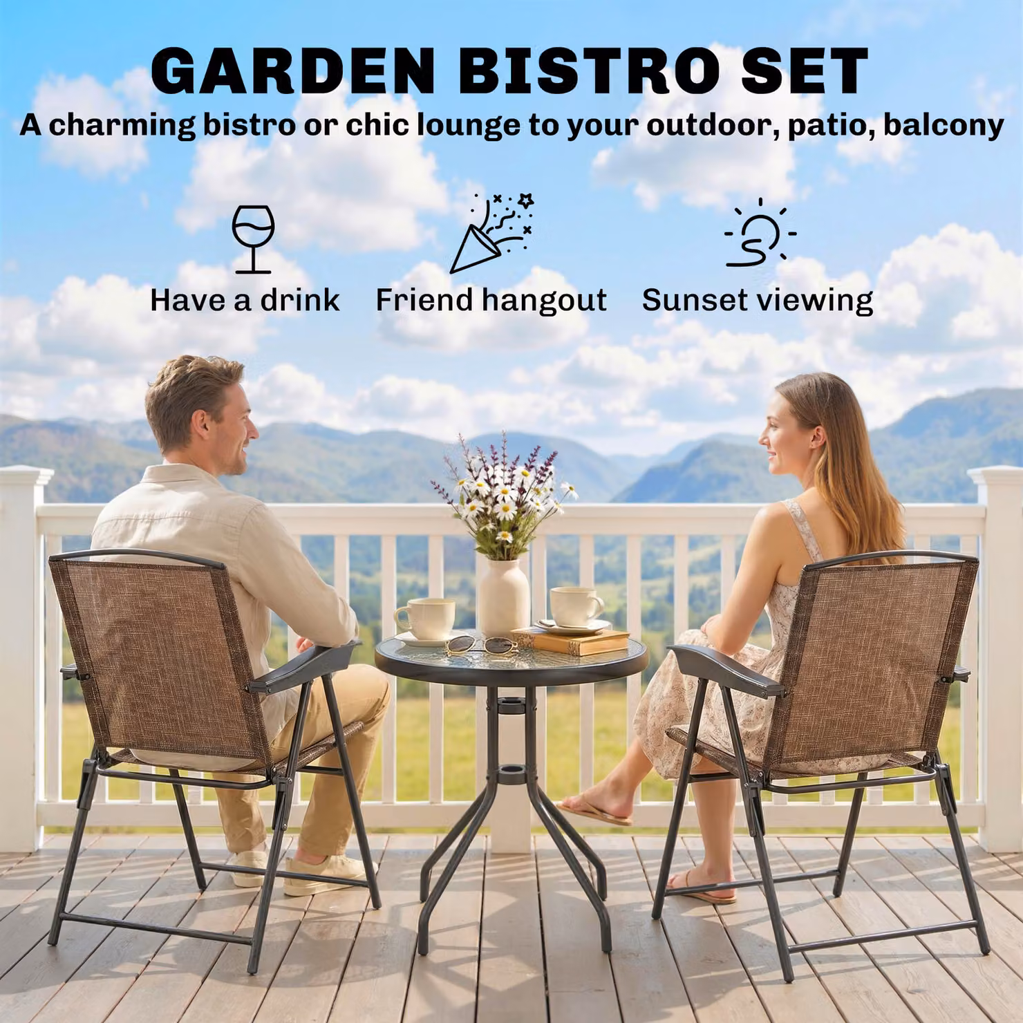 Outsunny 3 Piece Garden Bistro Set with Round Tempered Glass Table and 2 Folding Chairs in Brown – 3