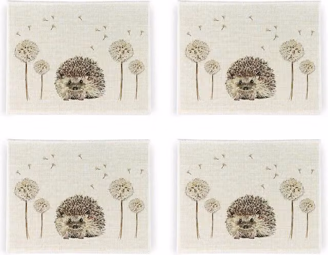 Purely Home Hedgehogs & Dandelions Floral Linen Placemats, Set of 4, White