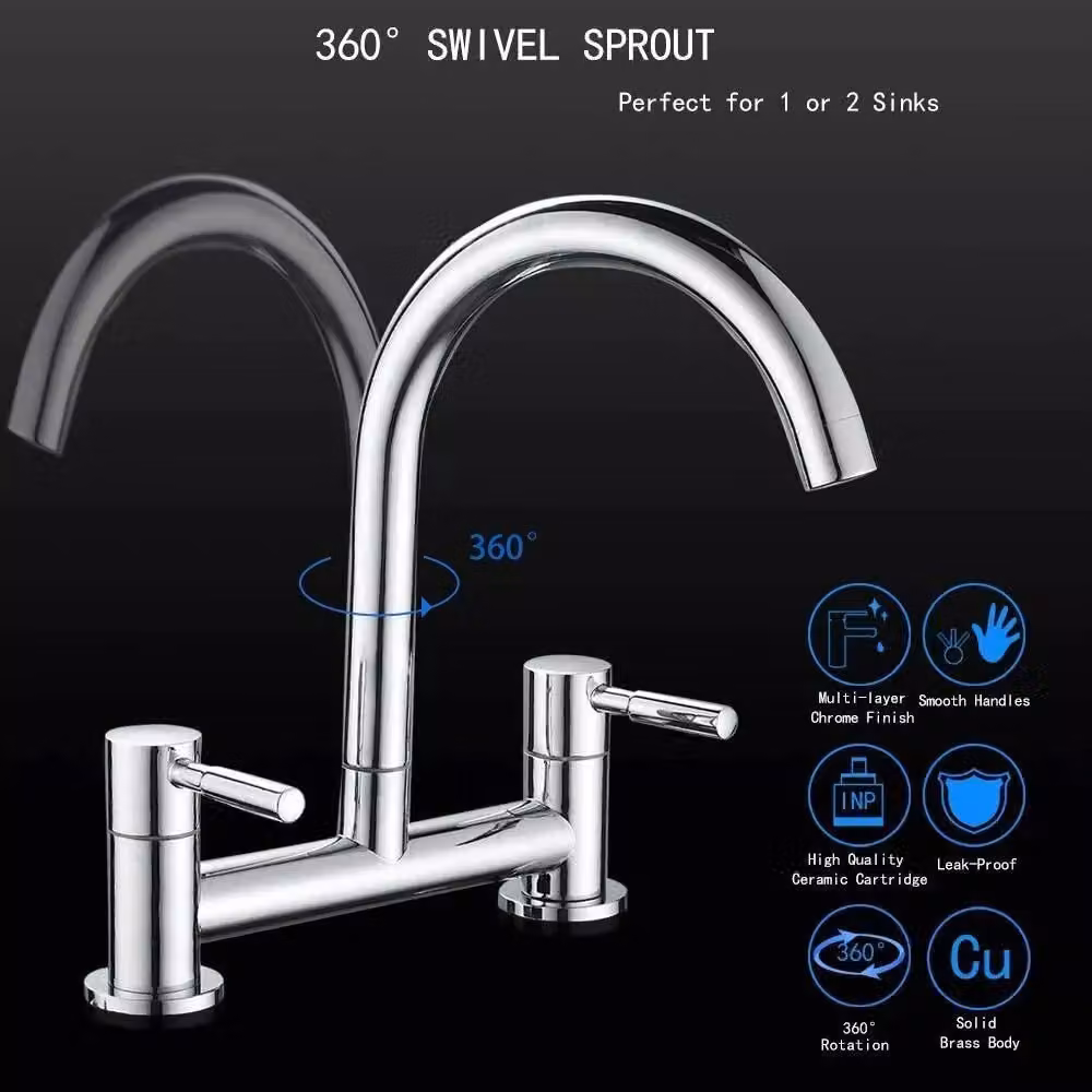 Hinsinc Dual Lever 2 Hole Deck Mounted Kitchen Sink Mixer Tap in Chrome Silver – 3
