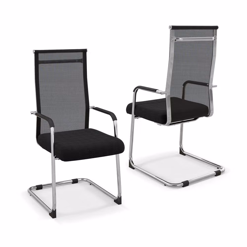 Gymax Set of 2 Black Fabric Meeting Room Conference and Office Guest Chairs – 8