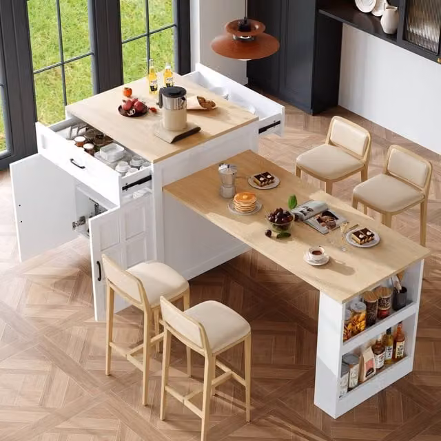 ModernLuxe Extendable Kitchen Island Bar Table with Storage and Drawers in White