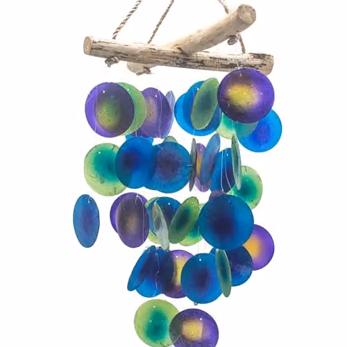 KDMD Green and Purple Driftwood Cross Hanging Chime with Glass and Wood Accents