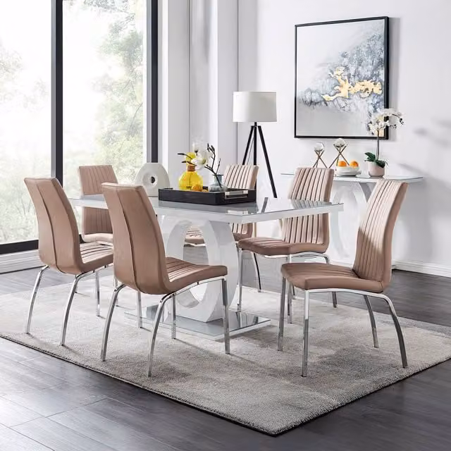 FurnitureboxUK Giovani Grey Dining Table with Six Isco Chairs in Cappuccino, W/D/H: 160 x 90 x 75 cm