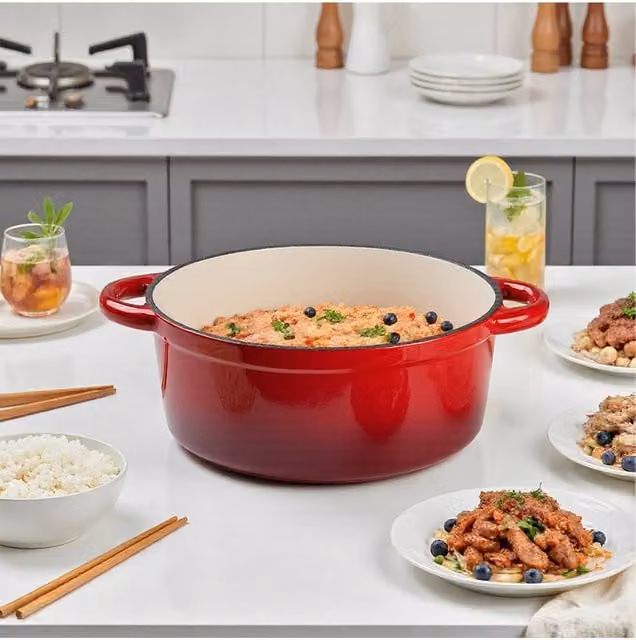 Living and Home Enamelled Cast Iron Dutch Oven Casserole Pot with Lid, Red, 5 l