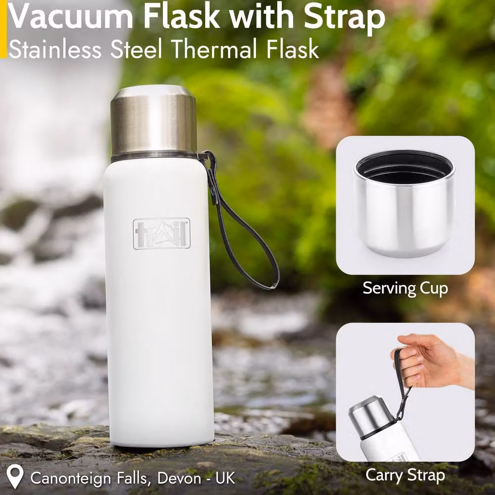 Trail Stainless Steel Vacuum Flask with Strap, White, 600 ml – 2