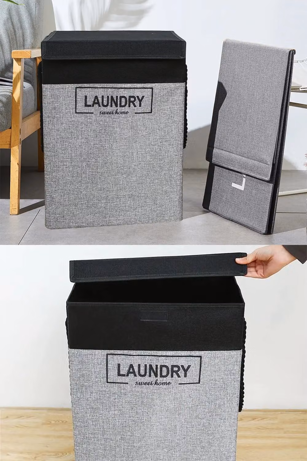 Neel Blue Collapsible Grey Fabric Laundry Basket with Flip Lid and Handles, 70L – 7