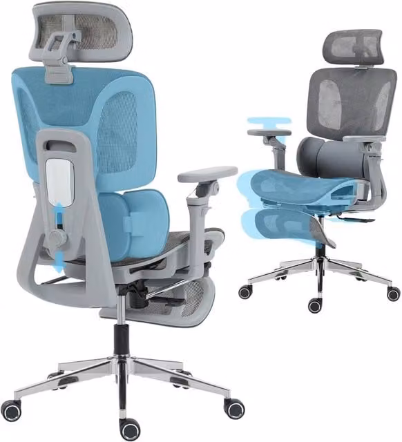 HOMCOM Ergonomic Grey Fabric Mesh Office Chair with Headrest, Footrest and Armrests – 1