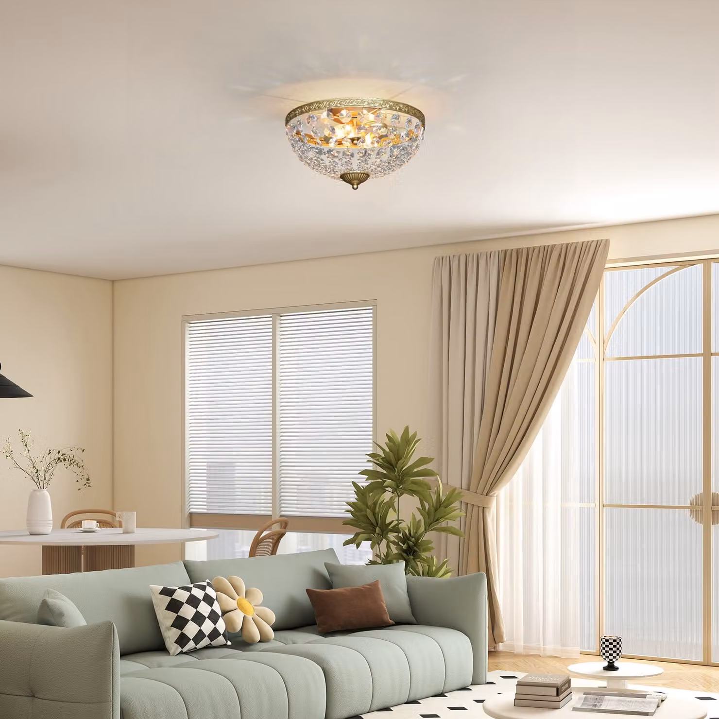 HOMCOM Vintage Crystal Chandelier Ceiling Light with 168 Octagonal Beads, 2-Light Flush Mount in Gold Tone – 2