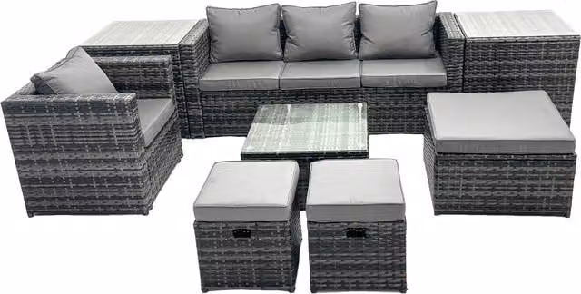 Fimous 7 Seater Patio Lounge Sofa Set with 2 Side Tables and 3 Footstools in Dark Grey