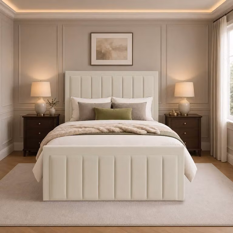 Desire Deco Lucia Ottoman Storage Bed Frame in Beige Plush Velvet, Small Double (120 x 200 cm)