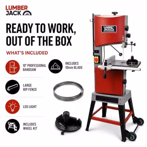 Lumberjack 10 inch Professional Benchtop Bandsaw with Cast Iron Table in Red, 375W Induction Motor, 230V – 6