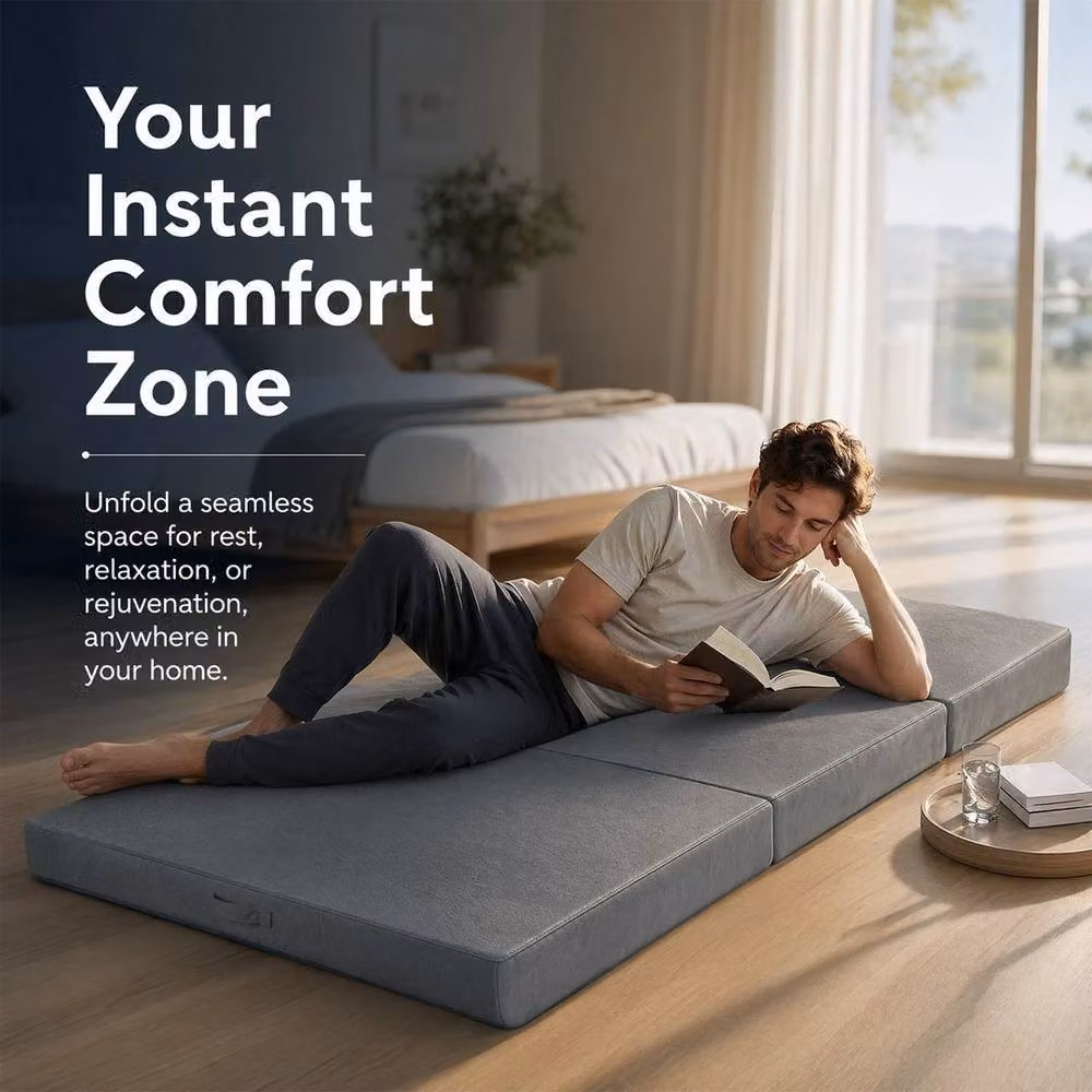 KORVIXA L Trifold Folding Mattress with Removable Grey Fabric Cover, Single, W/D/H: 90 x 200 x 10 cm – 2