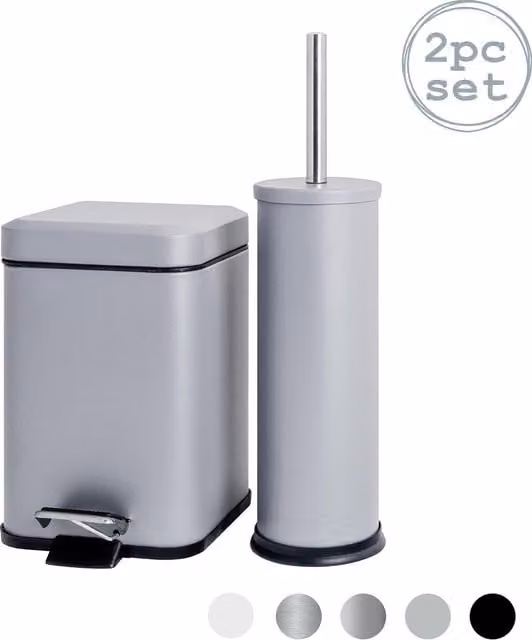 Harbour Housewares Grey Stainless Steel Pedal Bin and Freestanding Toilet Brush Set with Removable Inner Bucket