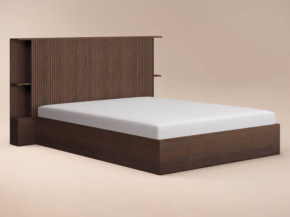 Solace+Co Zora Ottoman Bed with Headboard Shelves in Walnut Brown, W/D/H: 140 x 200 cm – 4