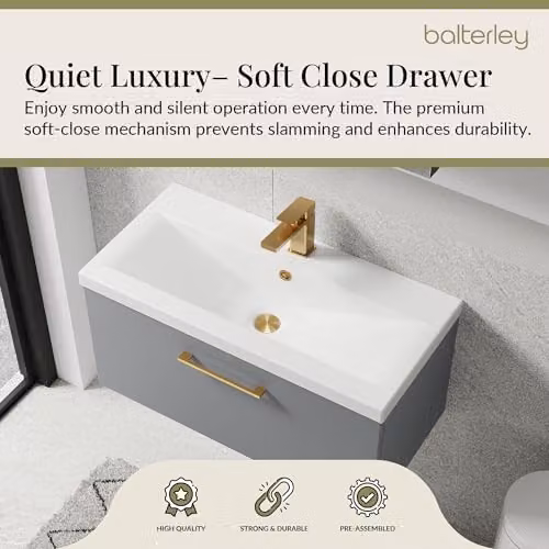 Balterley Wall Hung Single Drawer Grey Bathroom Vanity Unit with Mid Edge Basin and Brushed Brass D Shape Handle W/D/H: 81.0 x 39.0 x 39.9 cm – 3